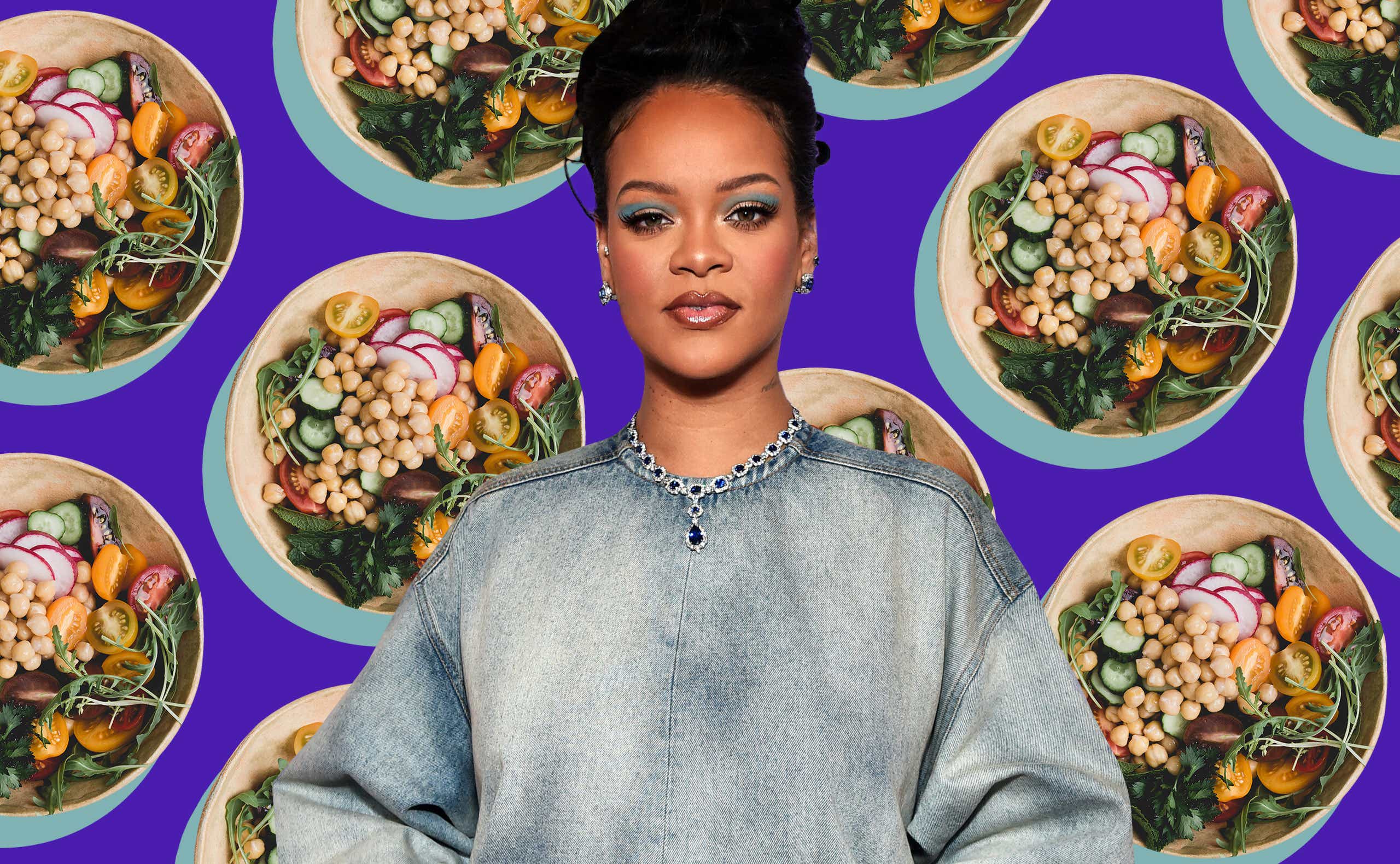 Rihanna poses in front of salads