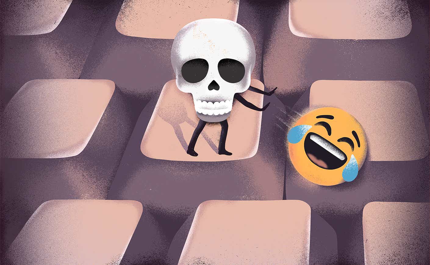 Crying laughing emoji getting pushed off keyboard by skull emoji