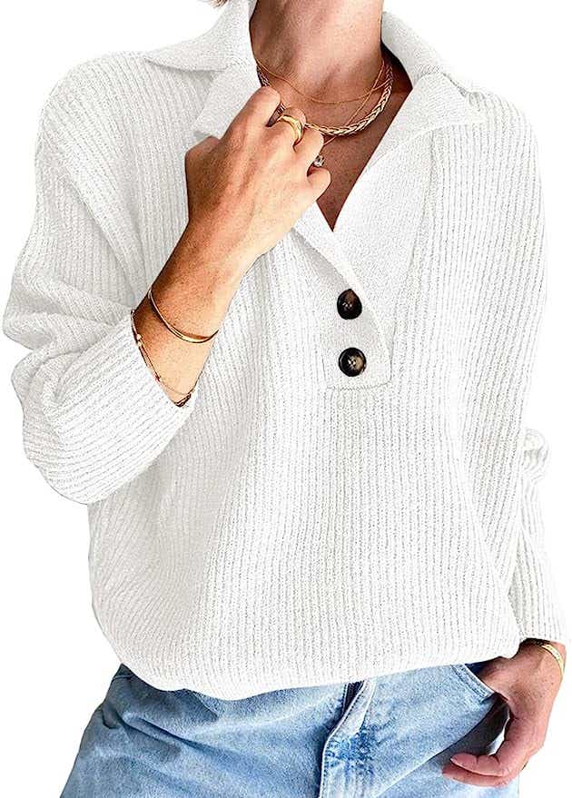 Snap Button Foldover Collar Henley Knitted Pullover Top