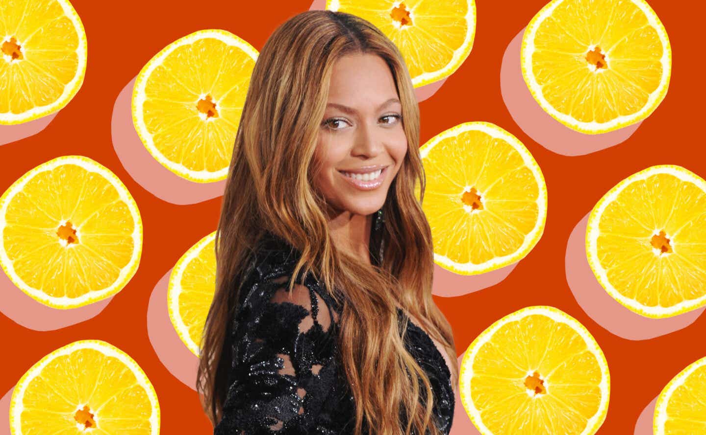 Beyonce in front of a collage of lemons