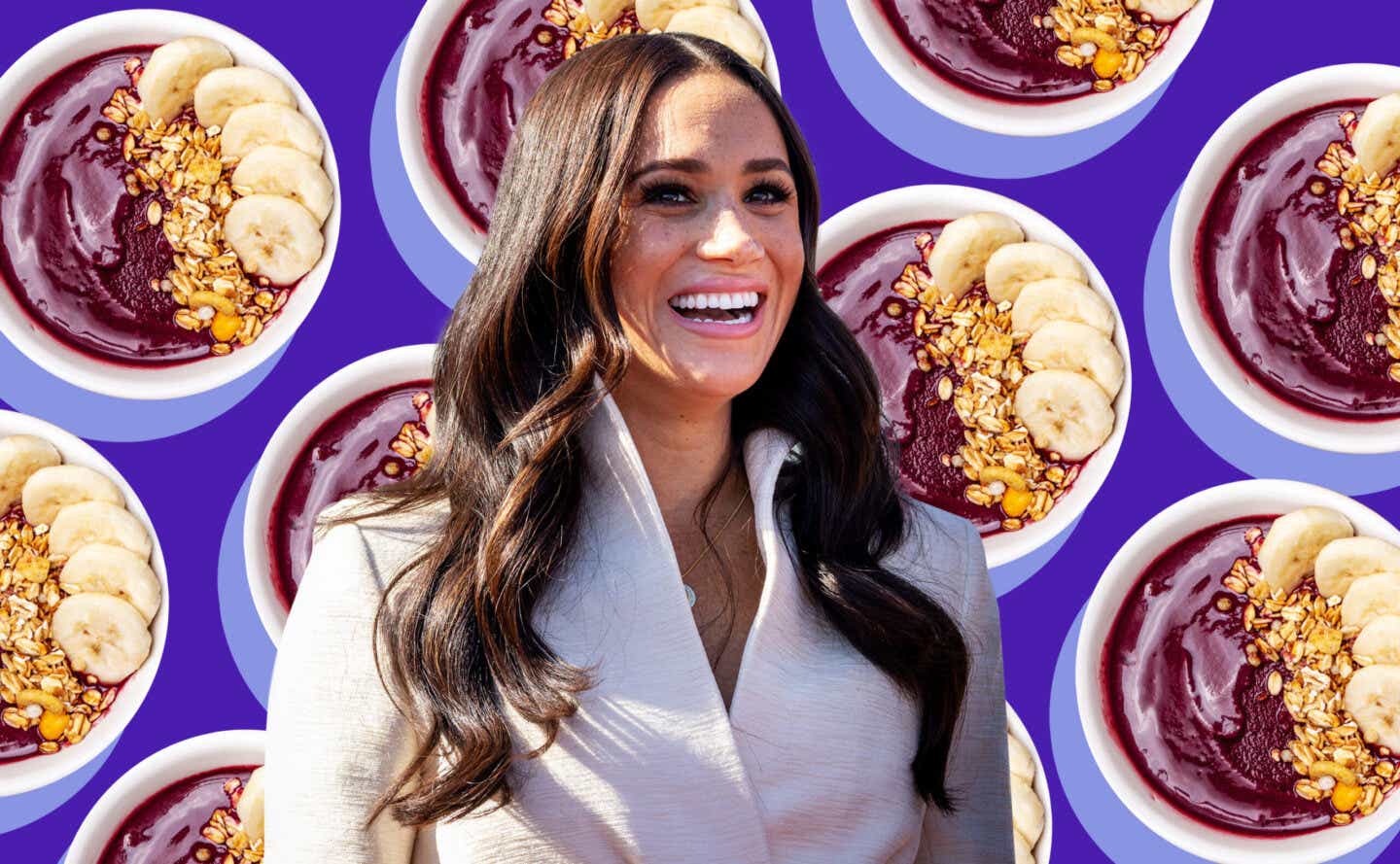 Meghan Markle in front of a collage of acai bowls.