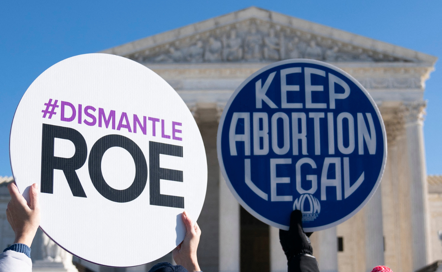 Demonstrators hold signs reading "Dismantle Roe" and "Keep Abortion Legal"