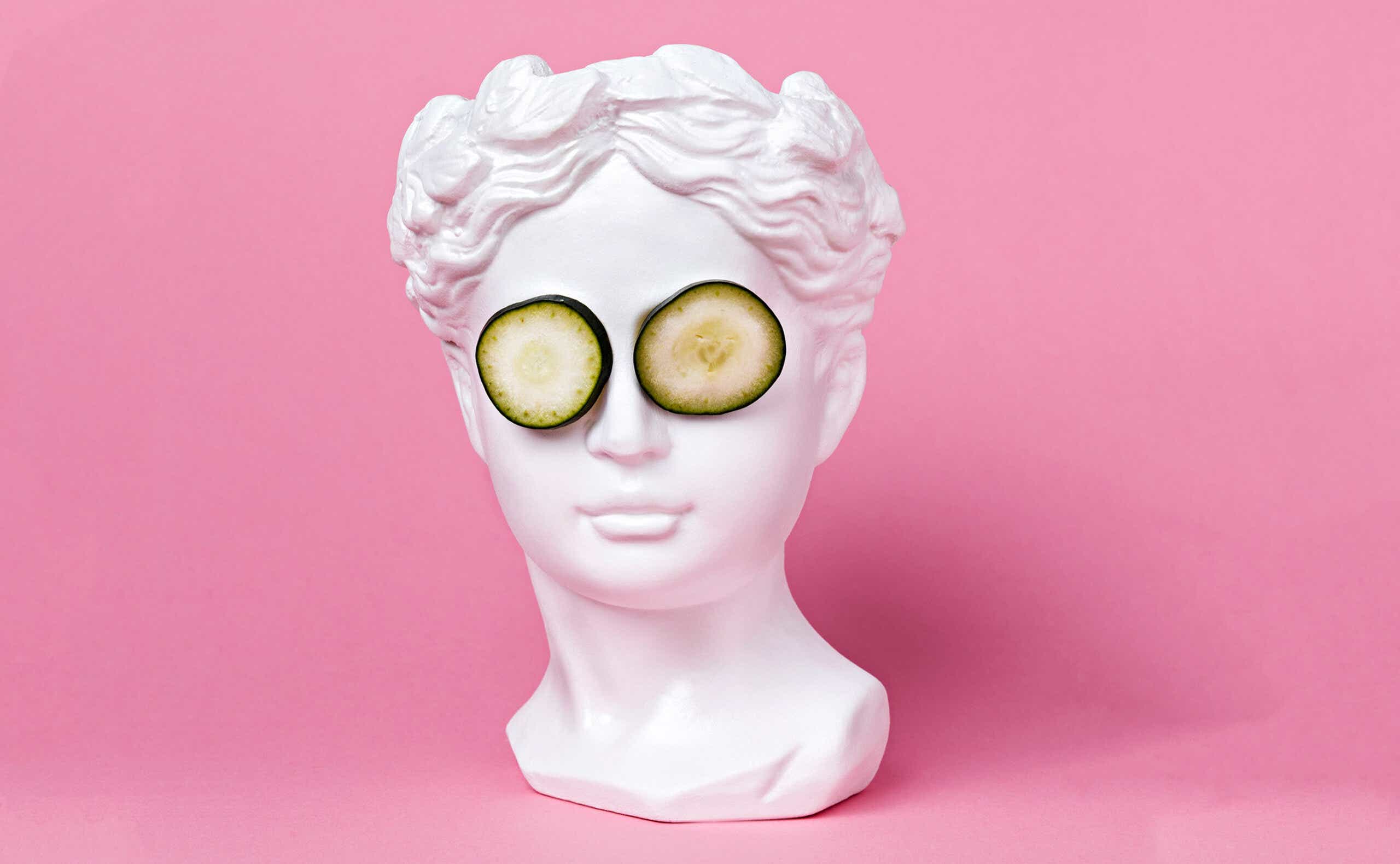 bust with cucumbers on eyes