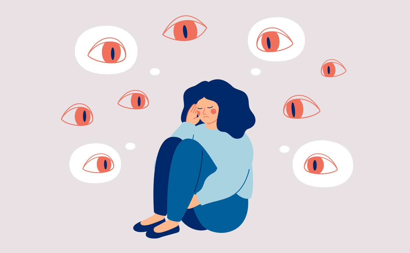 Illustration of woman looking sad surrounded by eyeballs watching her