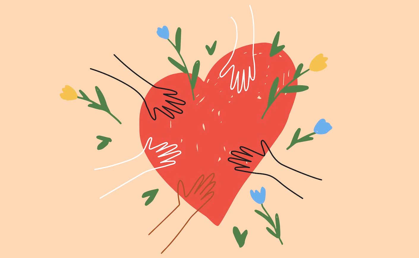 illustration of a heart with hands and flowers