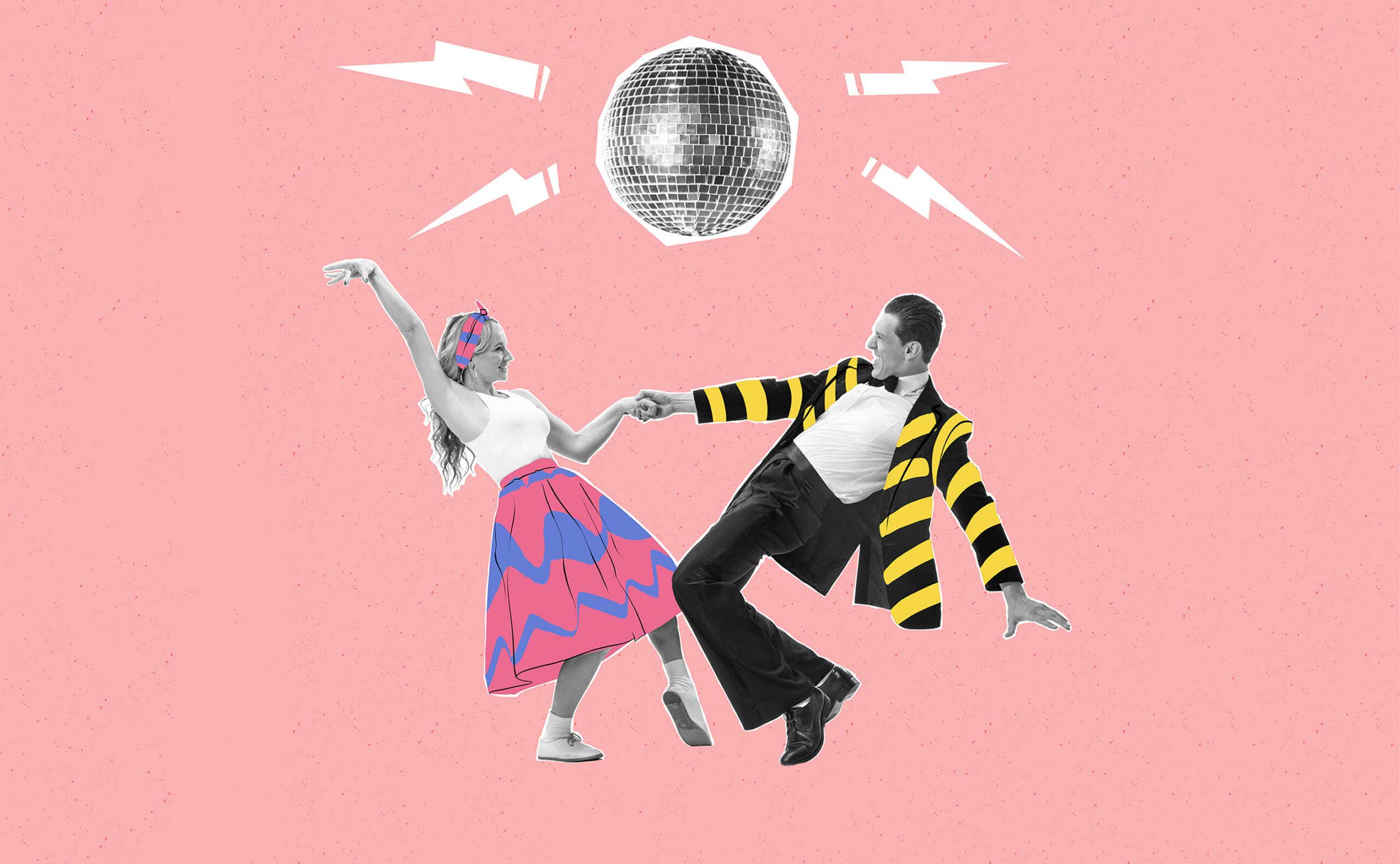 graphic of two adults dancing under a disco ball
