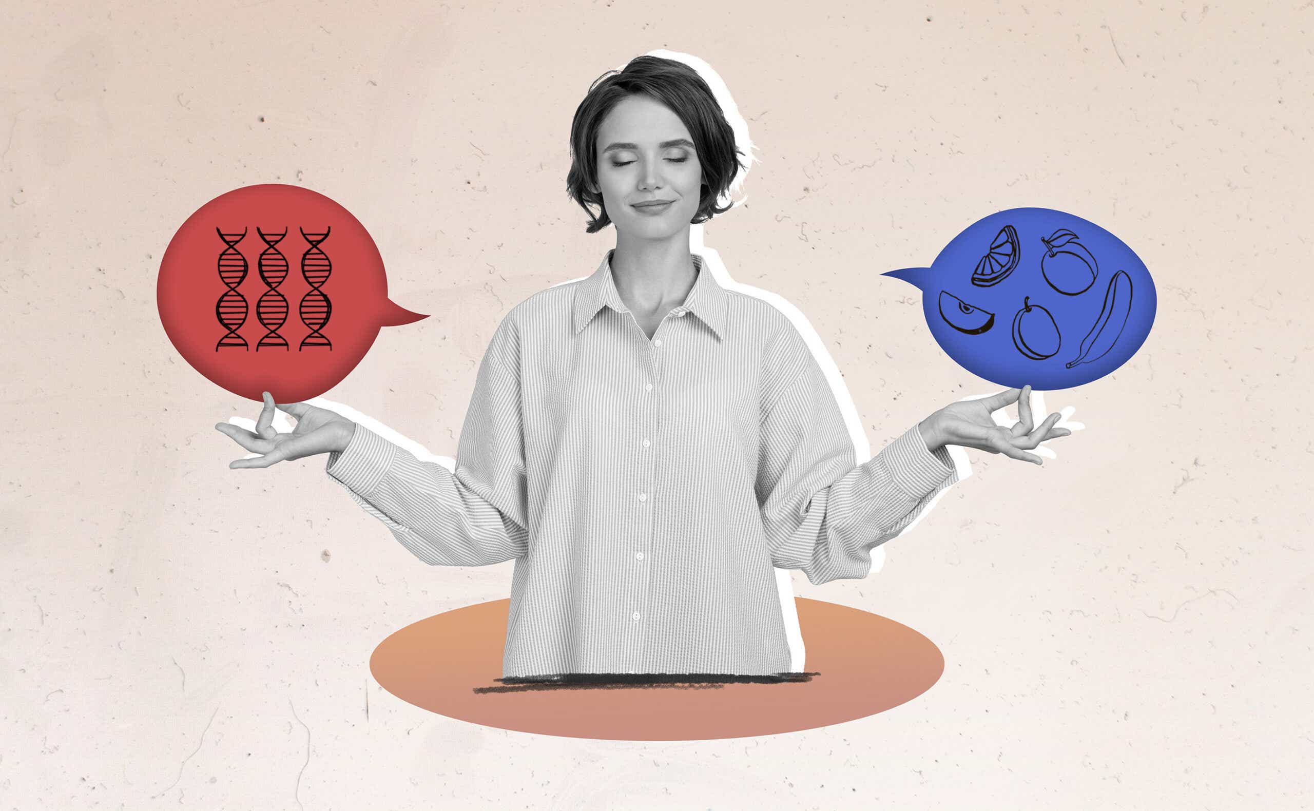 woman holding two thought bubbles with different elements of aging