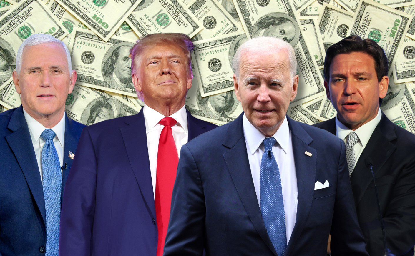 Mike Pence, Donald Trump, Joe Biden, and Ron DeSantis on background of $100 bills