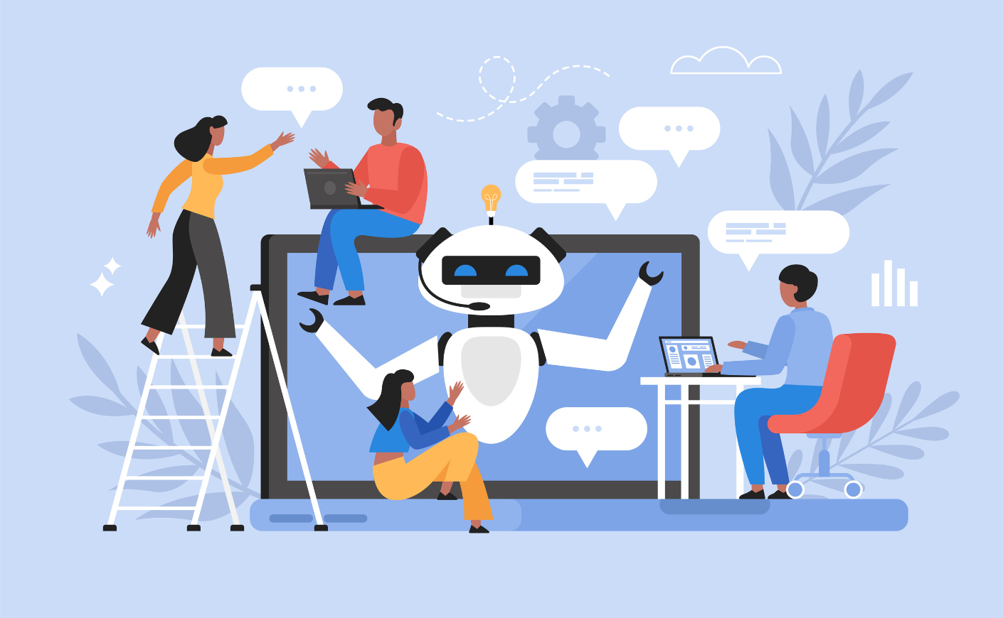 illustration of people hanging out with a robot