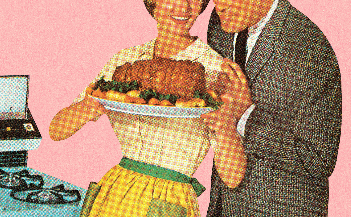 vintage image of a woman holding a roast
