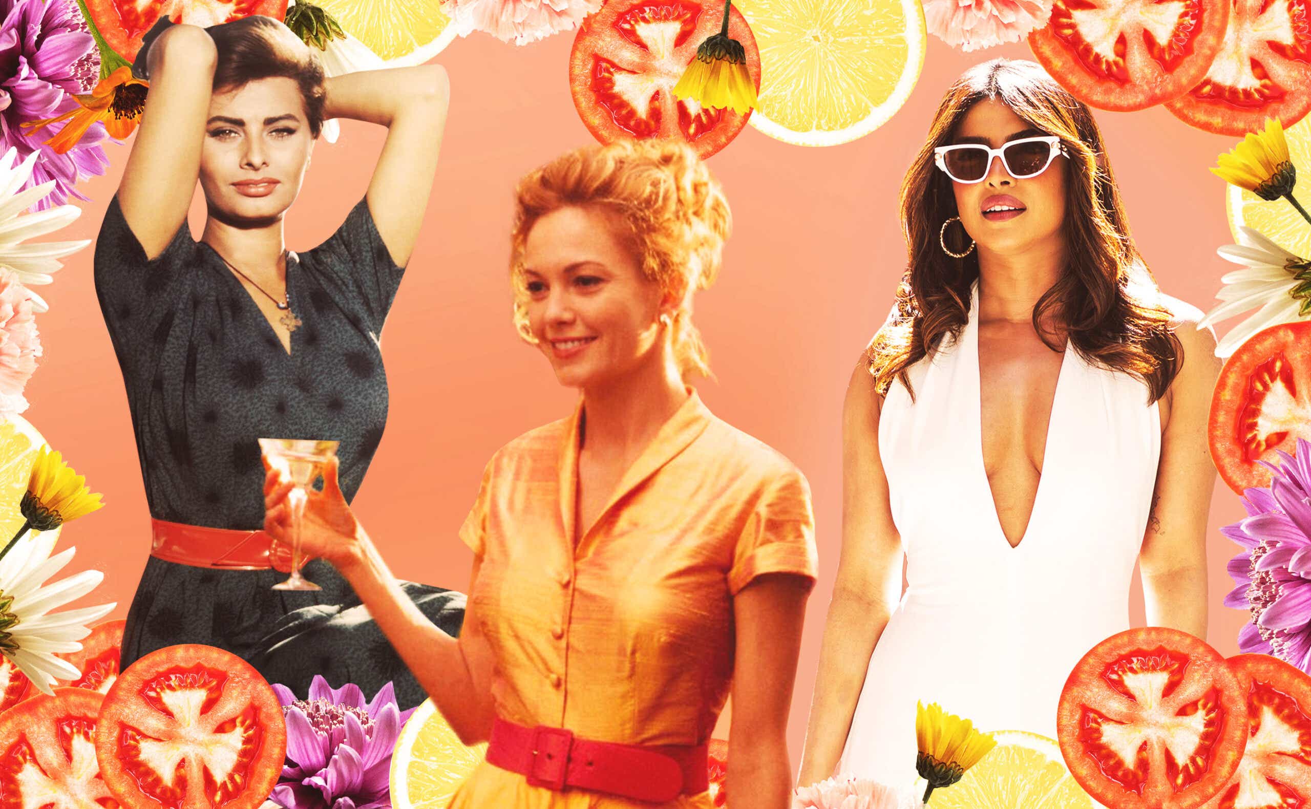 collage of celebrities in tomato girl trend including sophia loren, diane lane and priyanka chopra