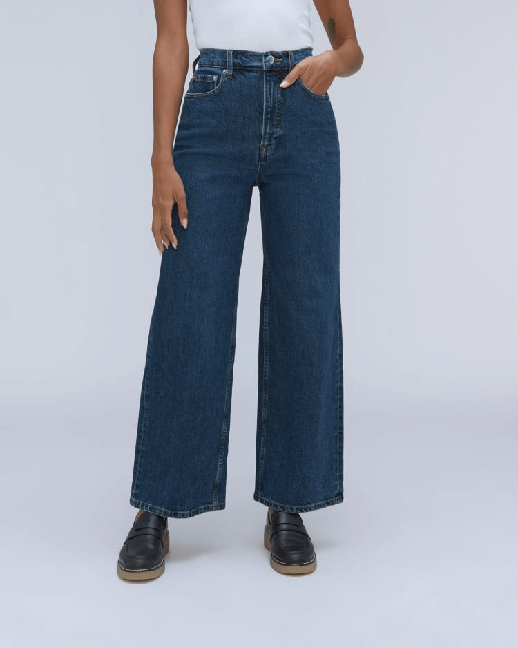 everlane way high sailor jeans on model