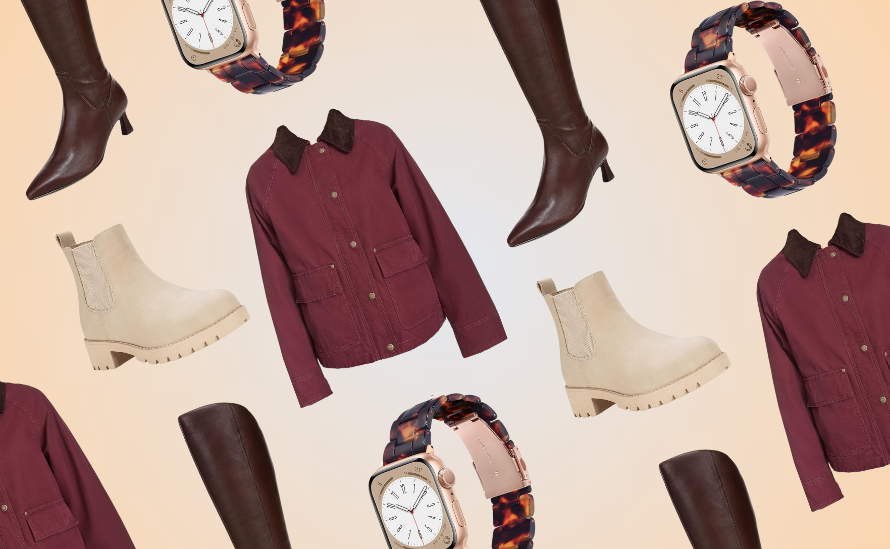 red jacket, apple watch, boots, on grid