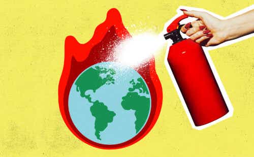 person putting out flames on the earth with a fire extinguisher