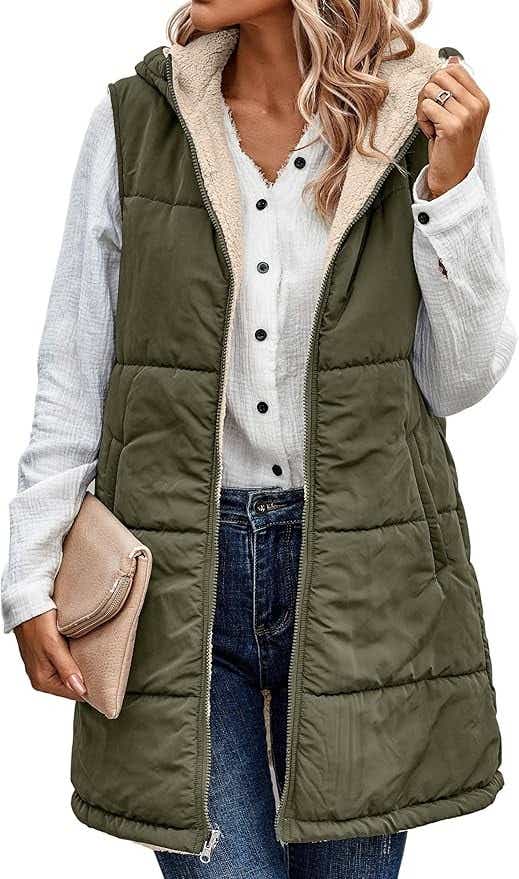 ECOWISH Women Long Puffer Vest: Fall Zip up Reversible Fleece Jacket 2025 Winter Warm Sleeveless Hooded Coat with Pockets