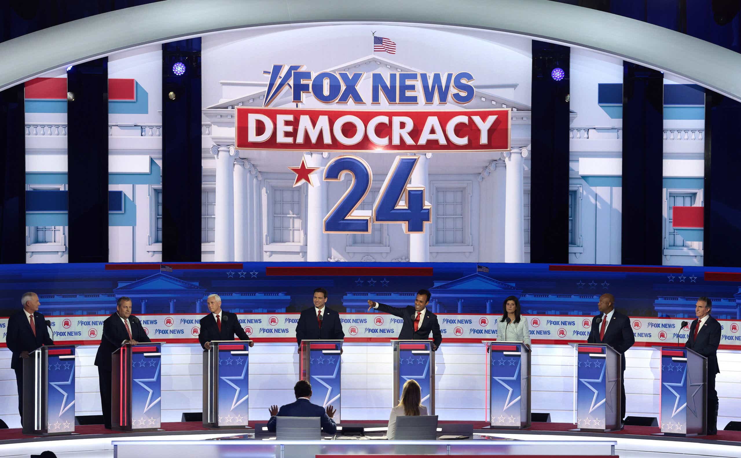 The FOX GOP presidential debate, (L-R), Asa Hutchinson, Chris Christie, Mike Pence, Ron DeSantis, Vivek Ramaswamy, Nikki Haley, Sen. Tim Scott (R-SC) and North Dakota Gov. Doug Burgum