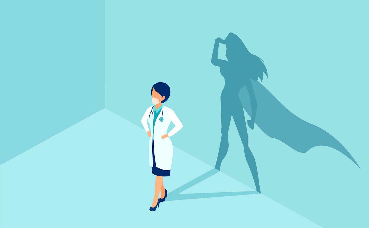 Illustration of female doctor with superhero shadow