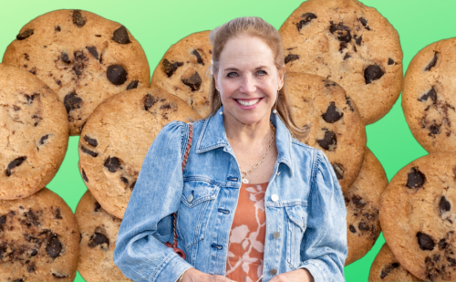 Katie Couric over a background of chocolate chip cookies