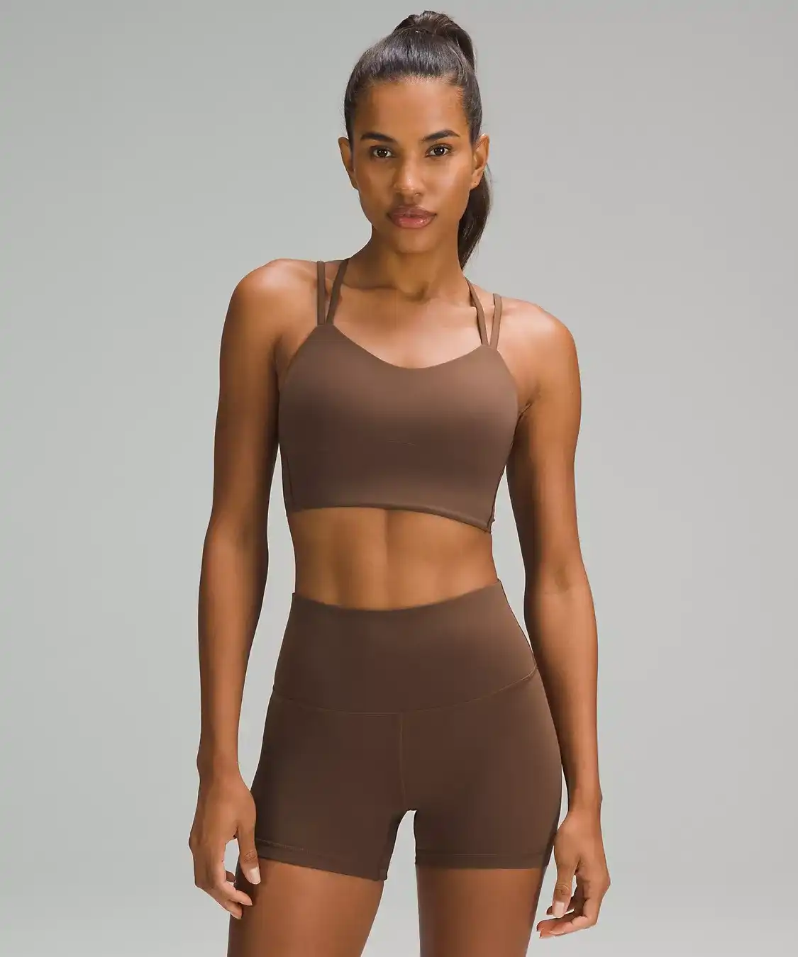 brown lululemon bra on model