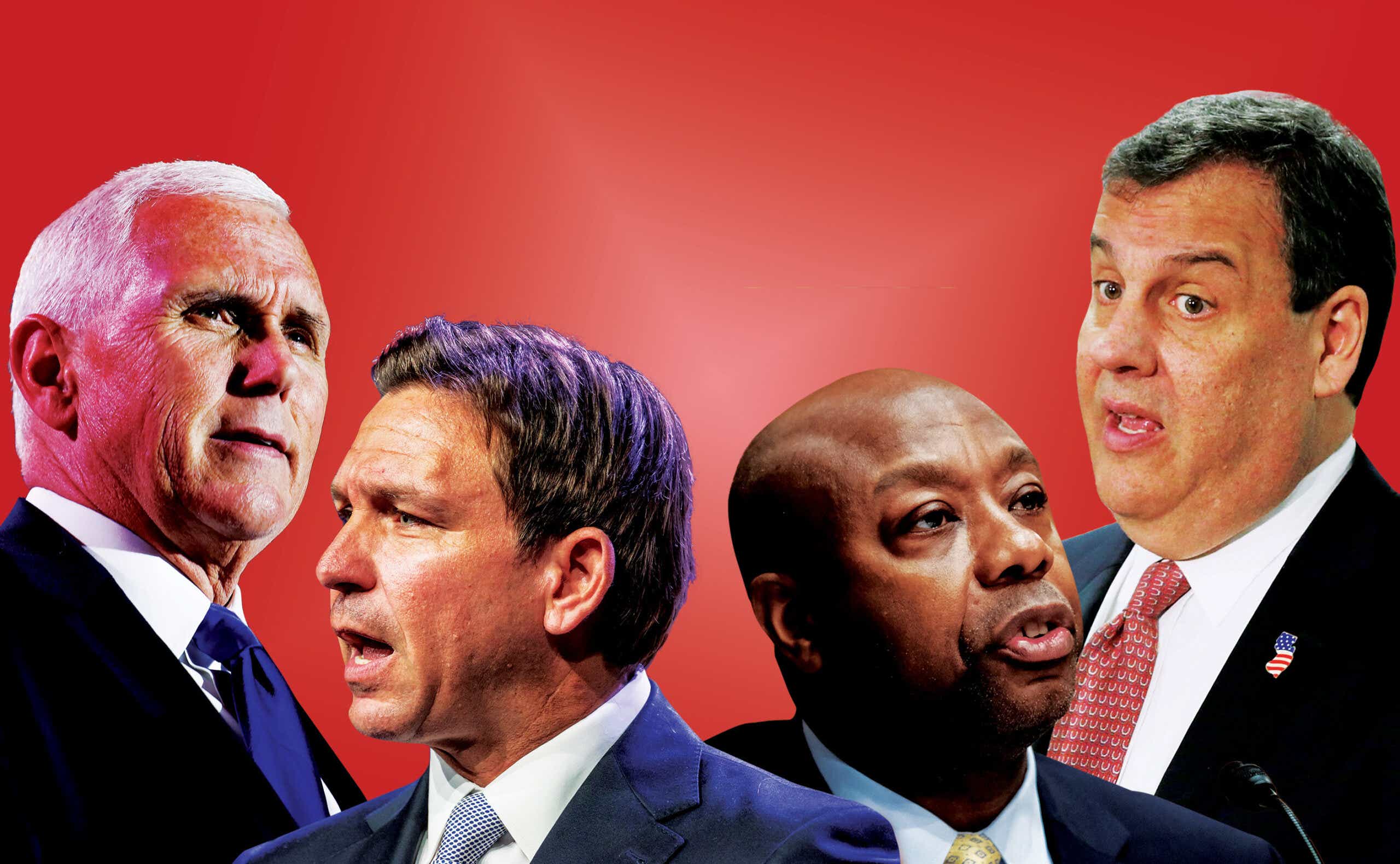 Mike Pence, Ron DeSantis, Tim Scott, and Chris Christie on red background