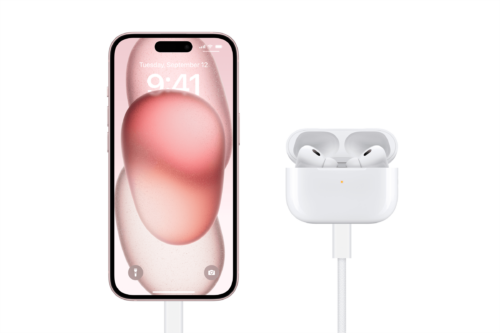 iPhone 15 and AirPods Pro with USB-C charging. 