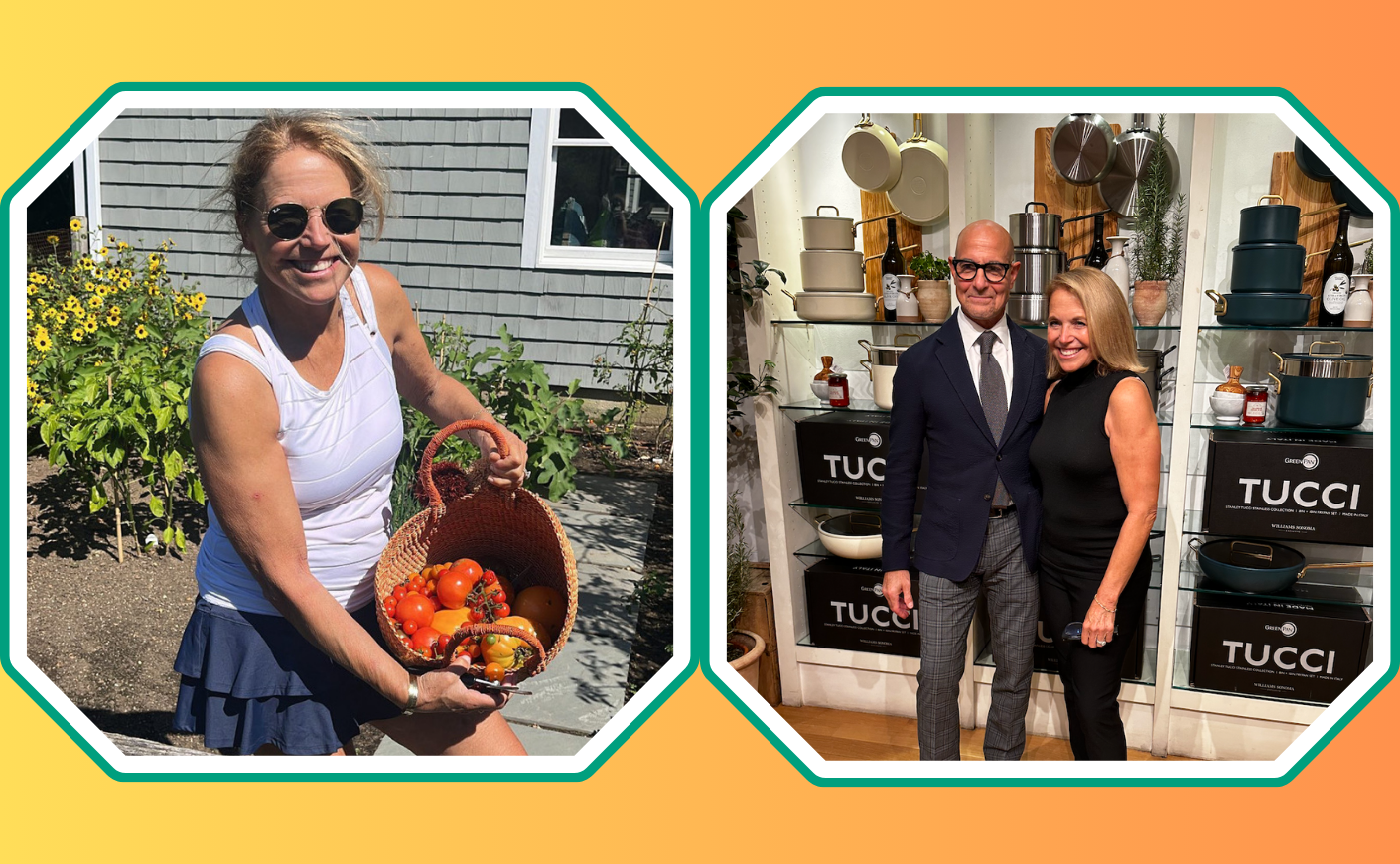 katie couric holding a basket of tomatoes and another photo with stanley tucci