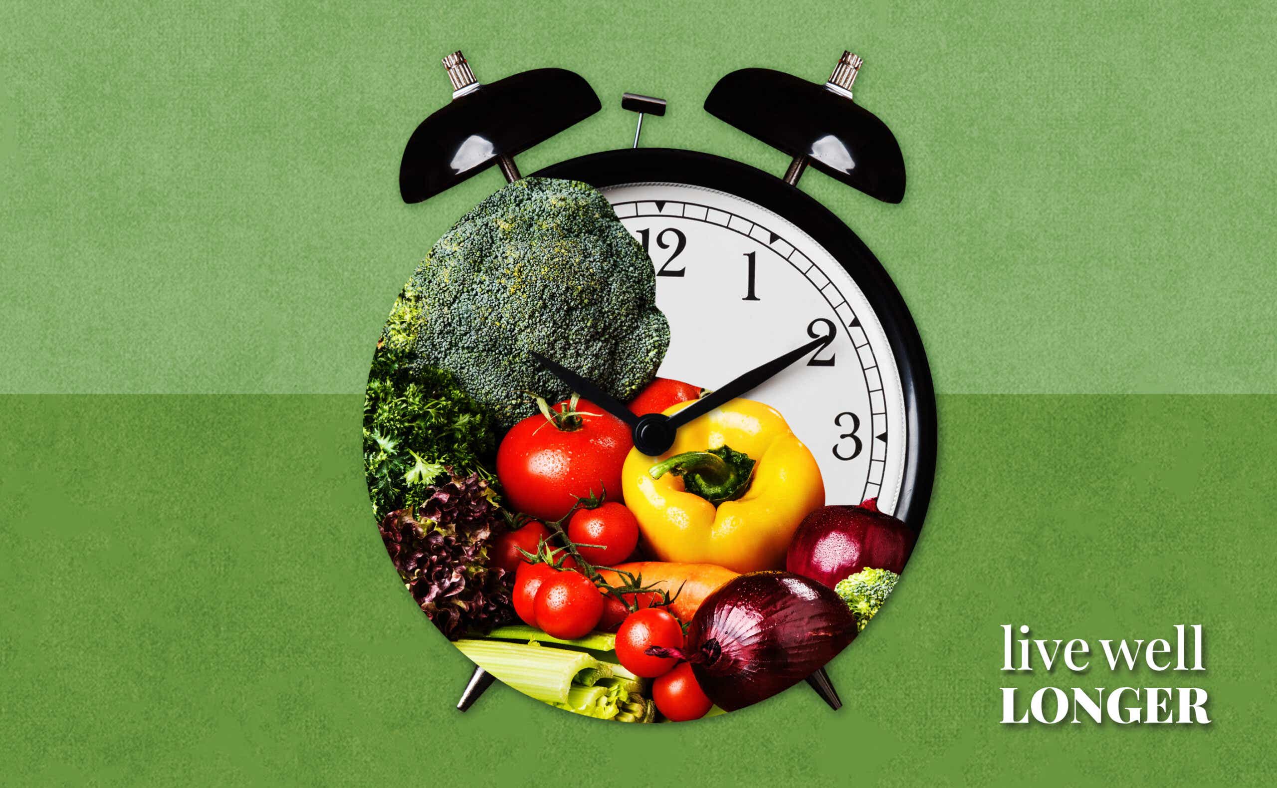 a clock framing healthy foods