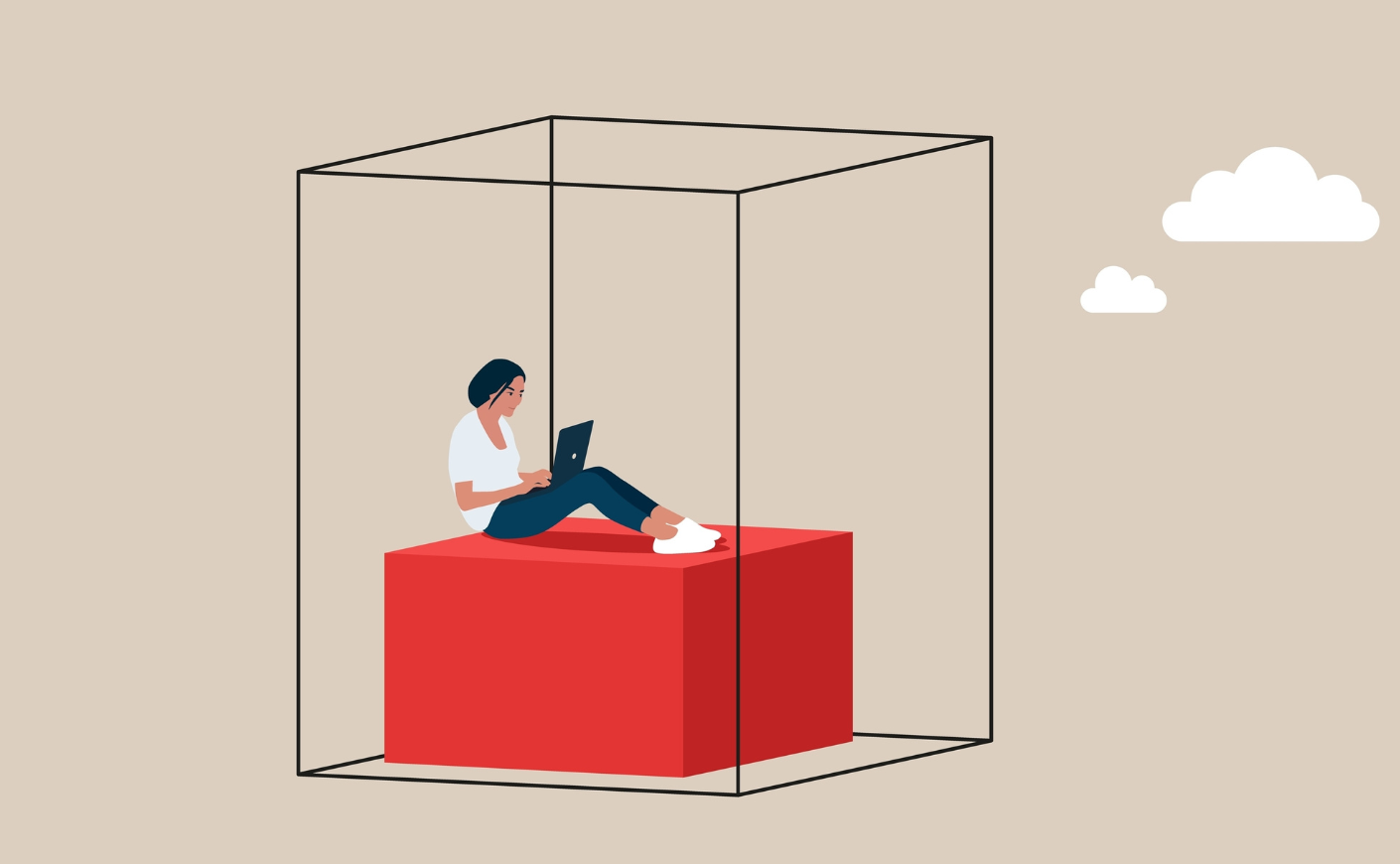 Illustration of a person working alone in a cube with their computer