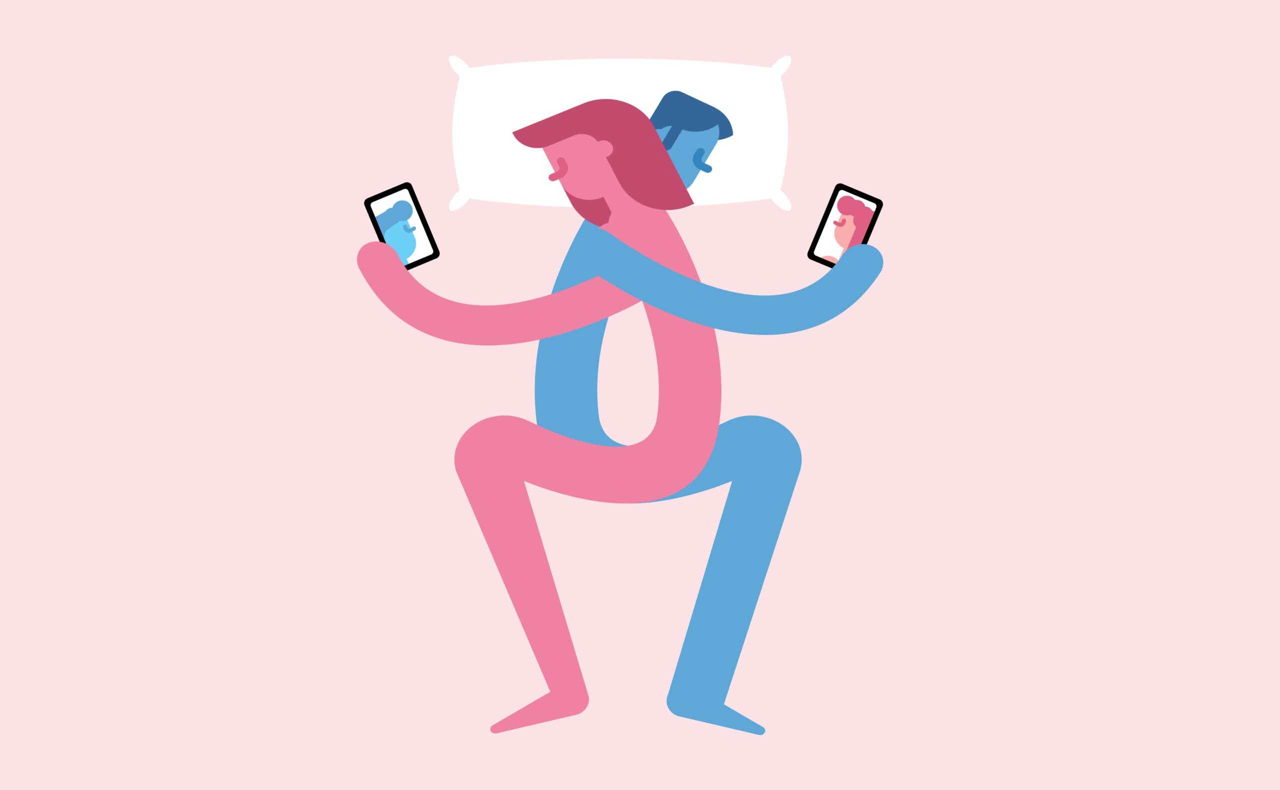 An illustration of couple laying intertwined while checking their phones.