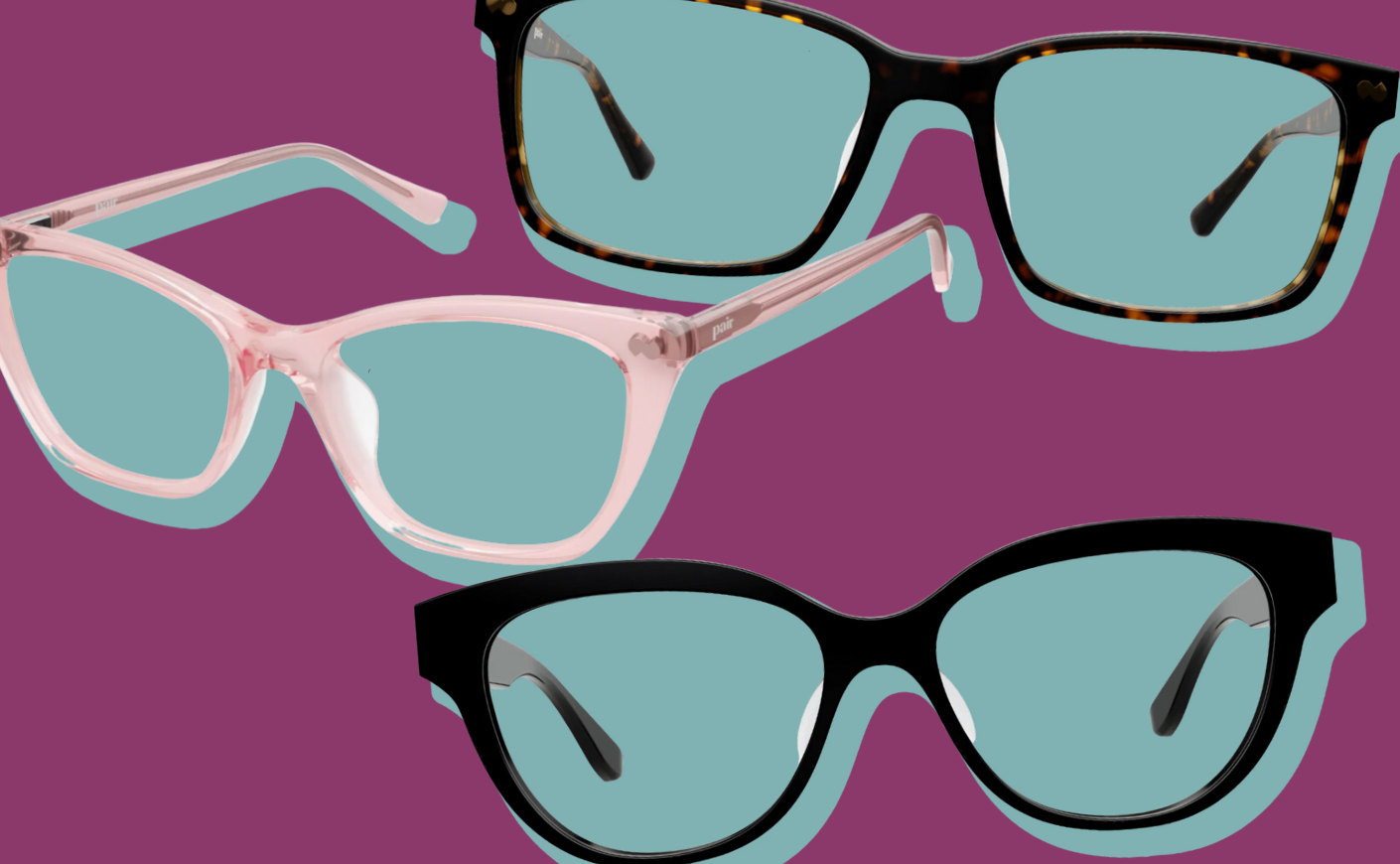 glasses frames on a purple and teal background