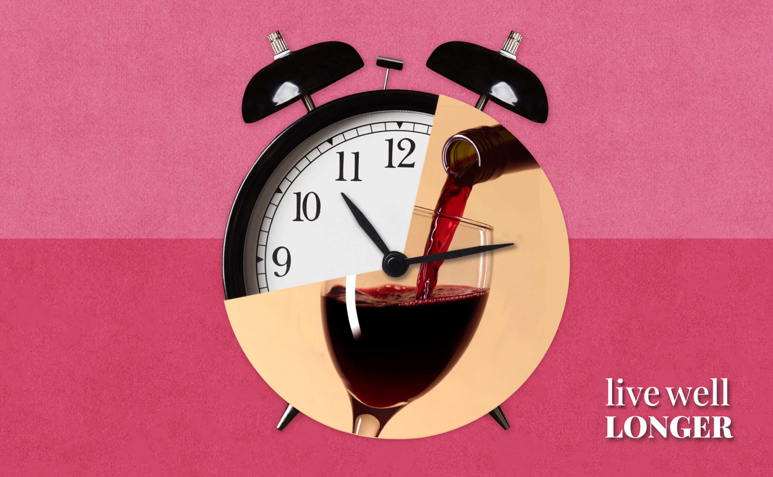 a clock framing a glass of wine