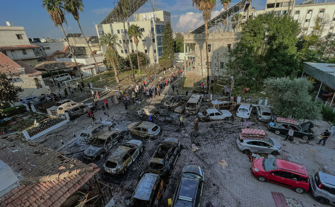 An image depicting the aftermath of the strike on Al-Ahli Baptist Hospital in Gaza City on October 18, 2023, where over 500 people lost their lives.