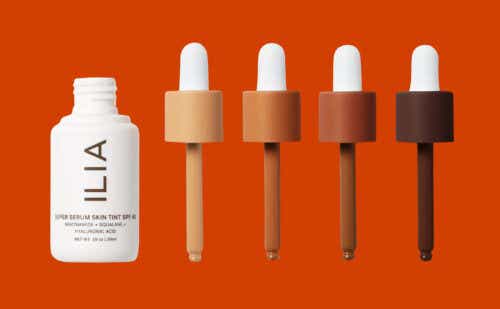 ILIA Super Serum Skin Tint bottle with 4 droppers in different shades