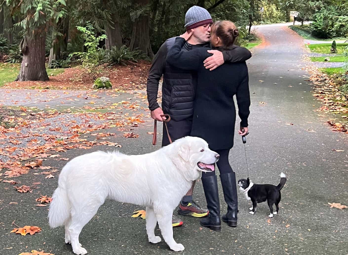 Couple Roy and Diane kissing next to their dogs