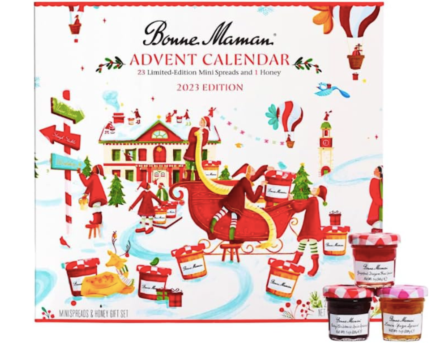 A festive Christmas advent calendar surrounded by jars of jam
