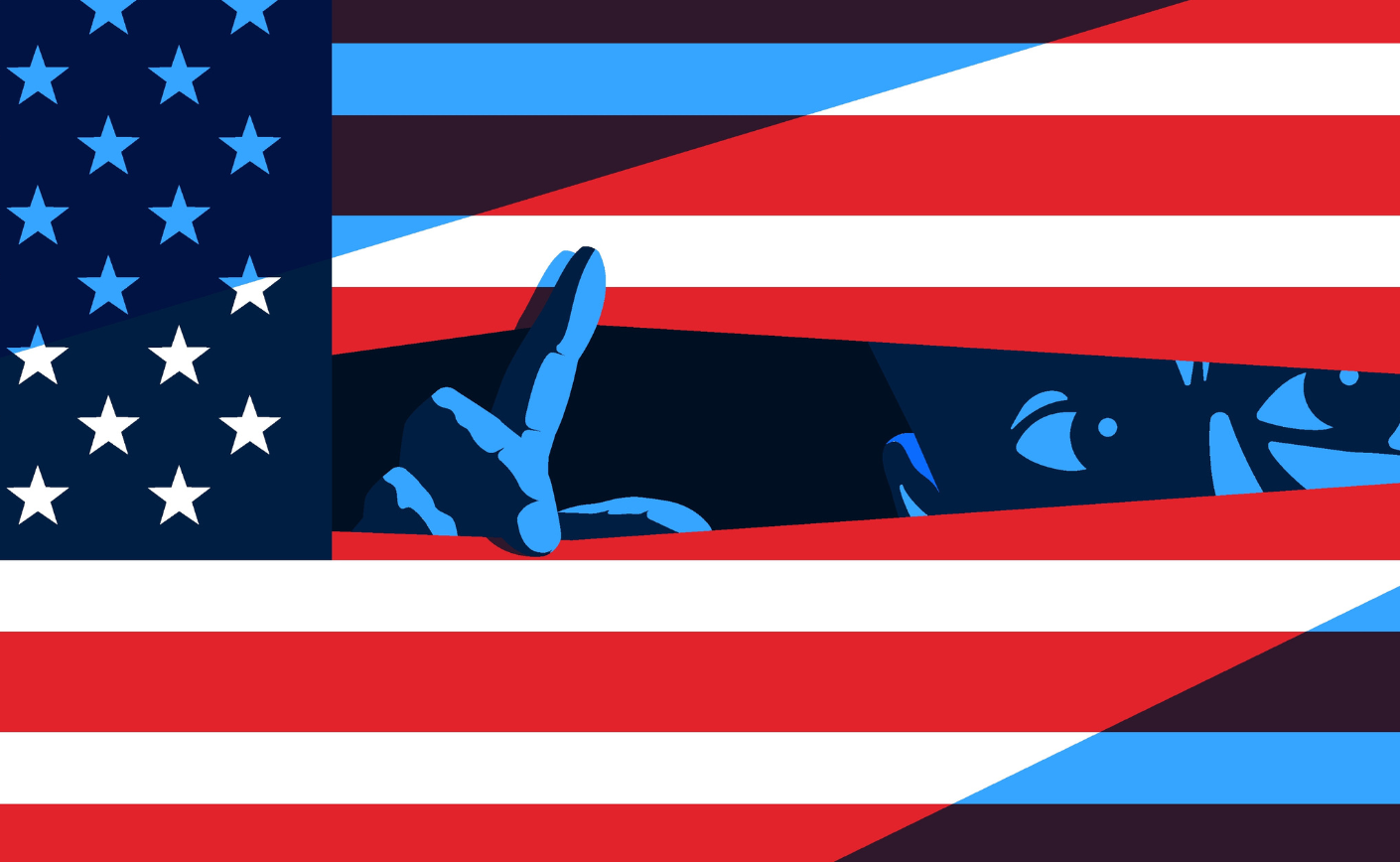 Illustration of a man peeking through the American flag as if the stripes were blinds