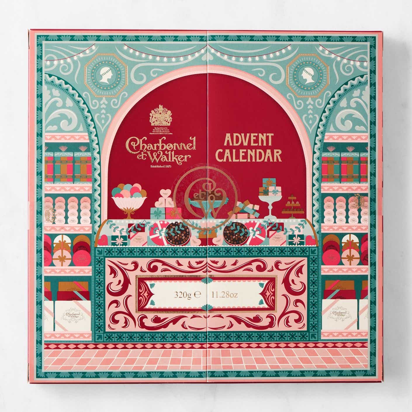 A closed advent calendar decorated to look like a display of Christmas goods
