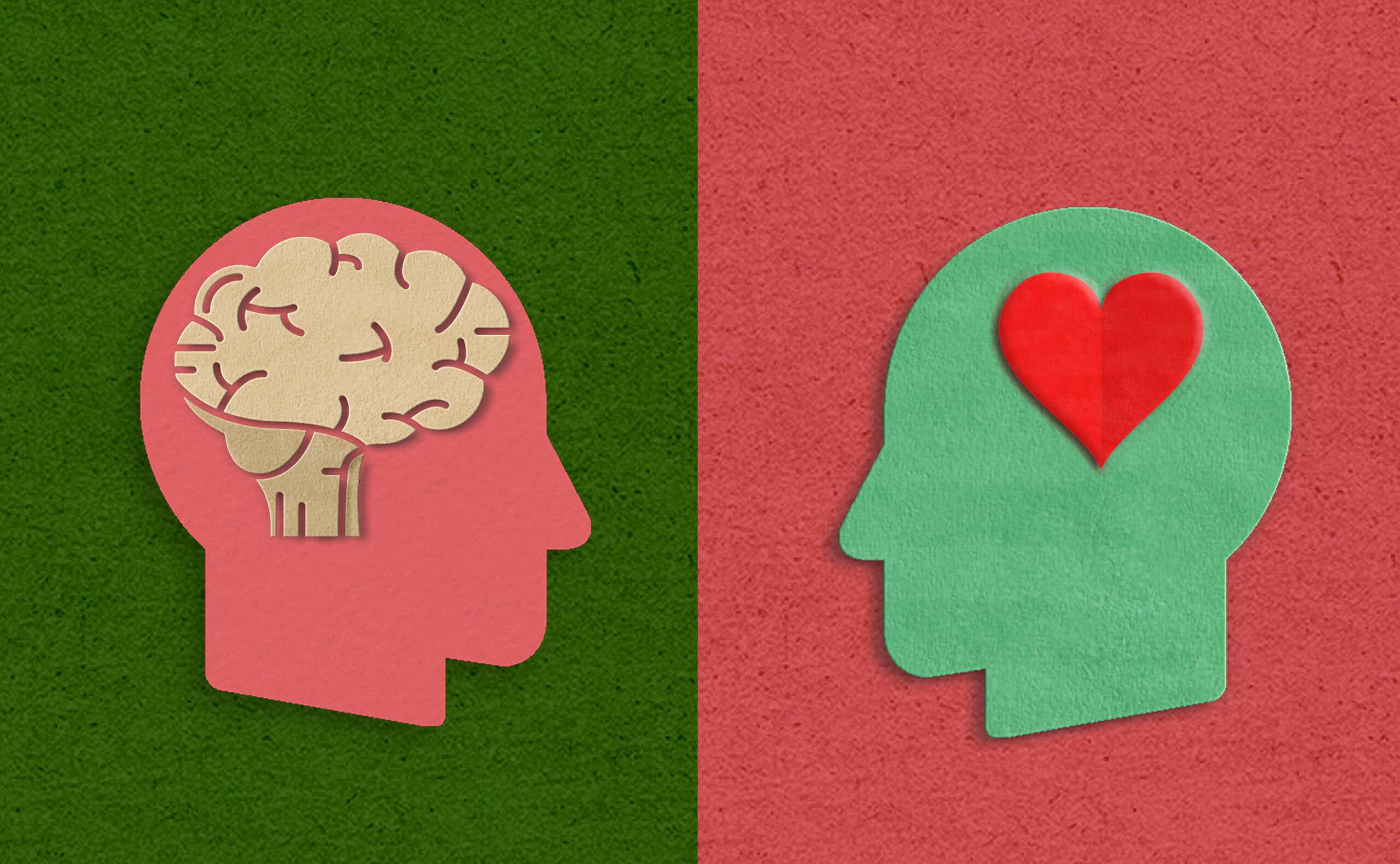 an illustration with a brain over a cutout of a head, and one of a heart over a cutout of a head