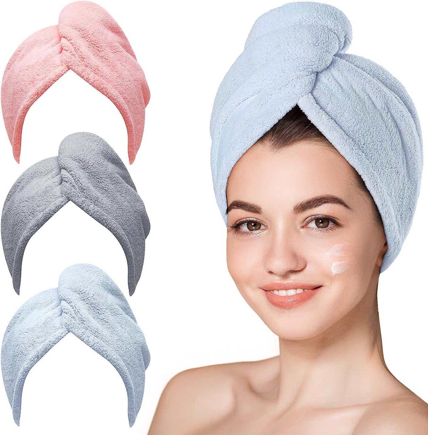 a trio of microfiber hair towels
