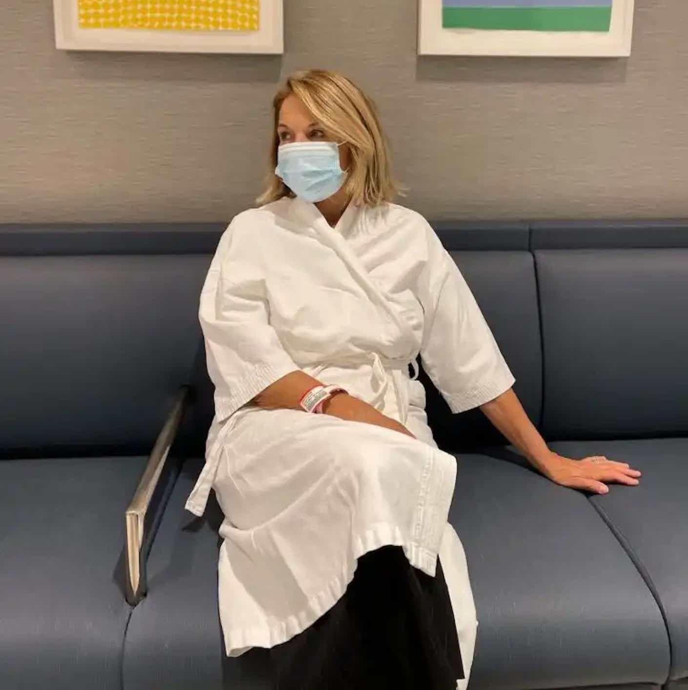 katie couric in a white hospital gown
