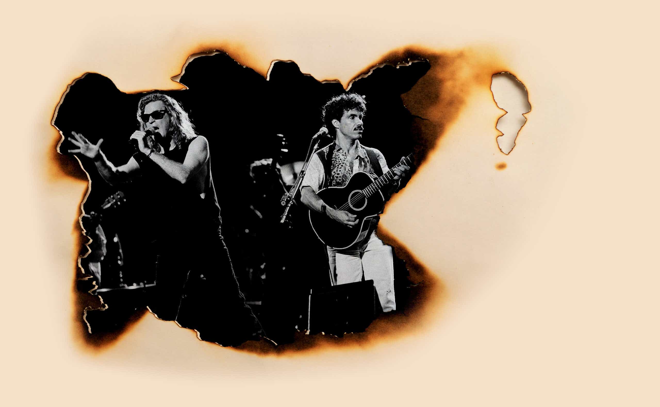 burnt photo of the members of Hall and Oates performing on stage