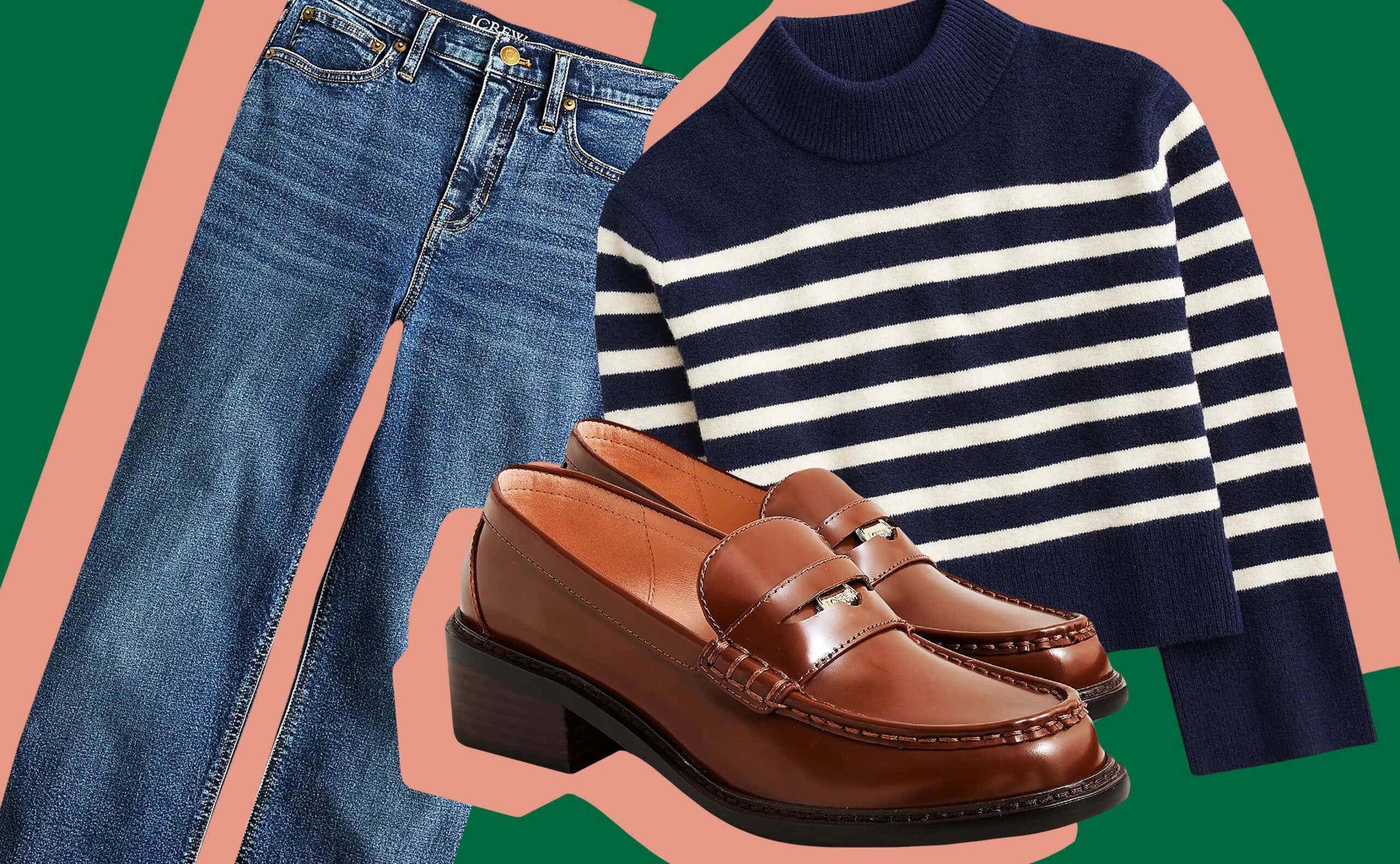 jeans loafers and striped sweater on background