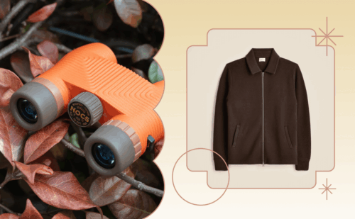 collage of binoculars and sweater