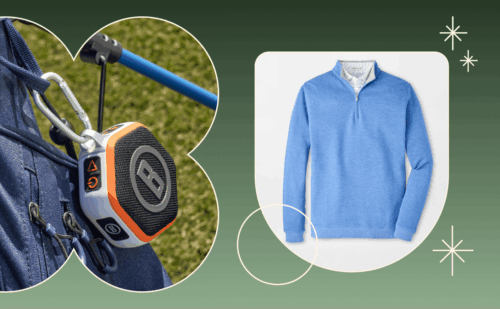 collage of a golf speaker and sweater