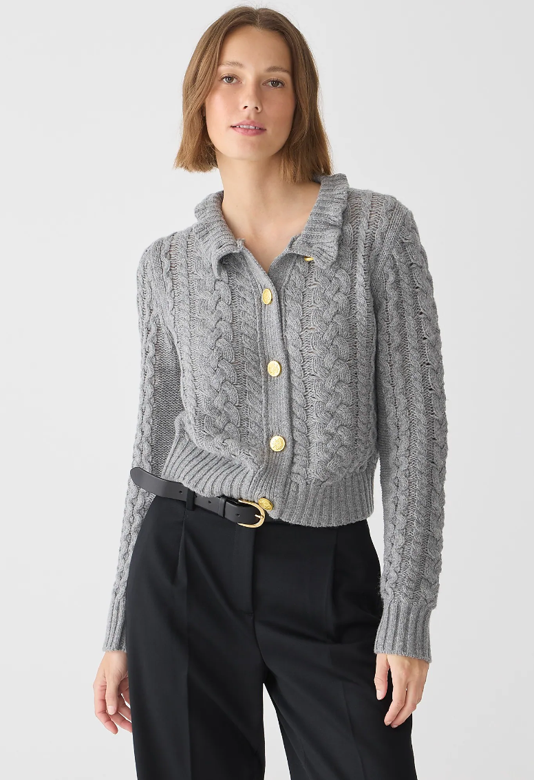Cable-knit ruffleneck cardigan sweater