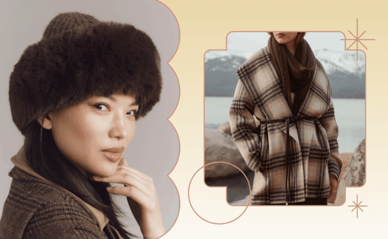 collage of a woman wearing a hat and a shawl