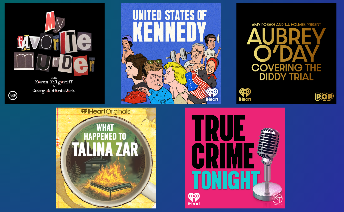 Covers of 5 true crime podcasts on a blue and green background