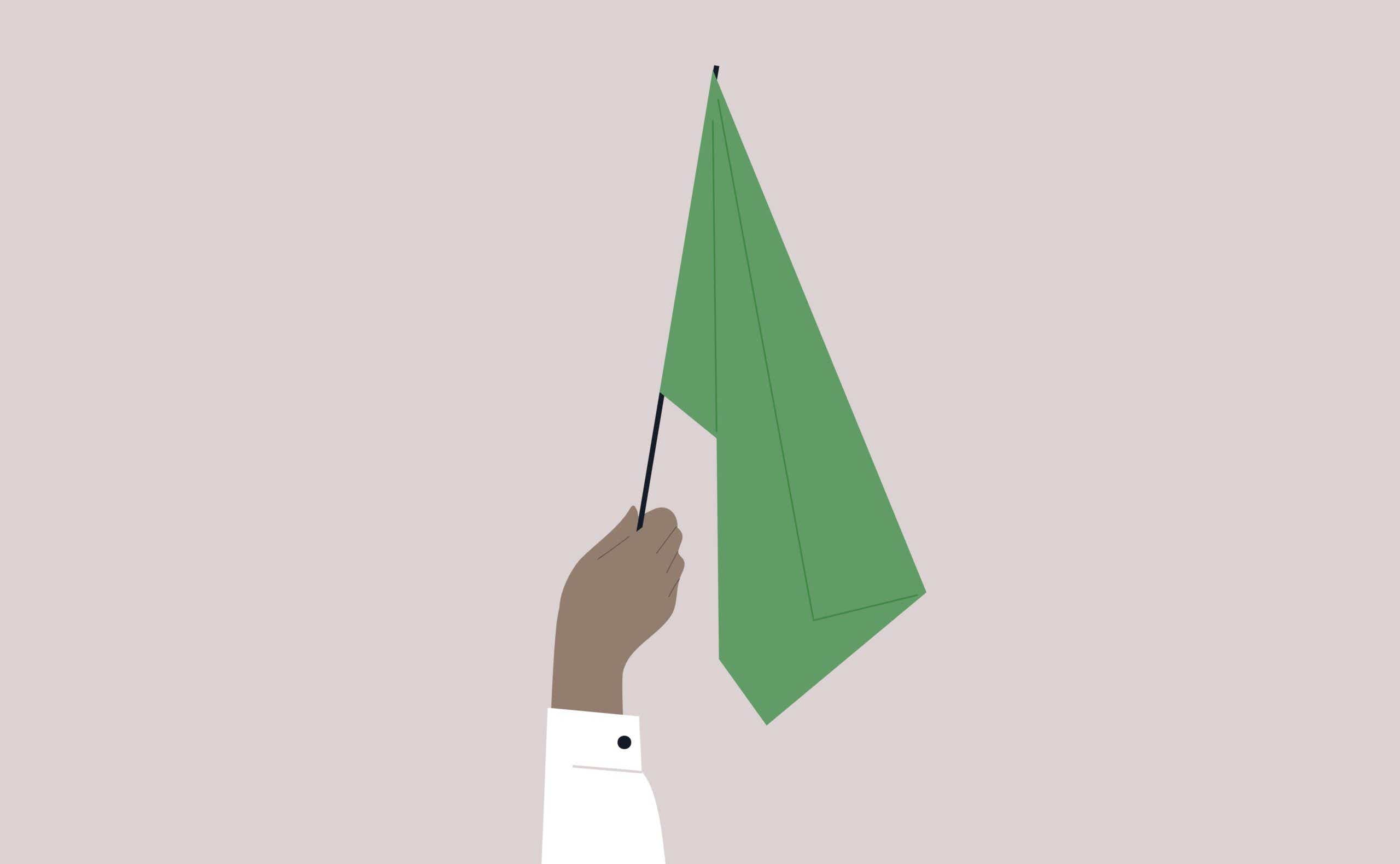 Illustrated hand holding green flag