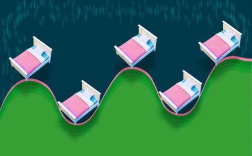 Illustration of beds on waves to signify sleep cycle