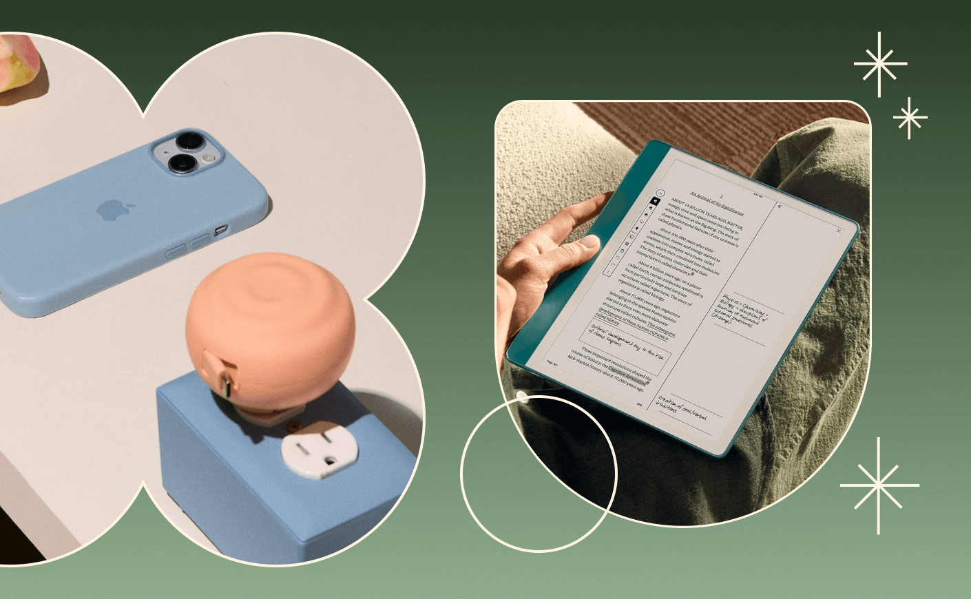 collage of phone charger and kindle